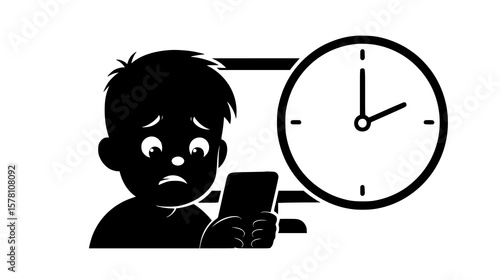 A worried child looks at a phone with a clock indicating excessive screen time