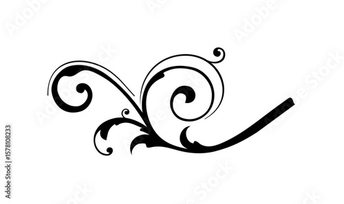 Elegant black floral swirl design, featuring curved lines and decorative elements on white background.
