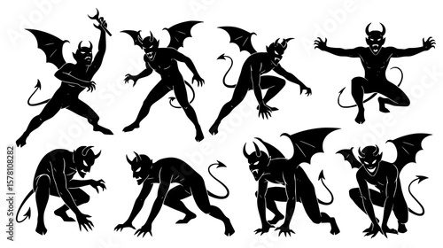 A collection of black silhouettes of demons with wings and horns in various poses