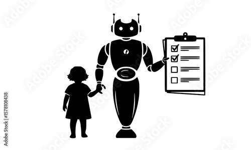 A robot and a child hold hands while looking at a checklist