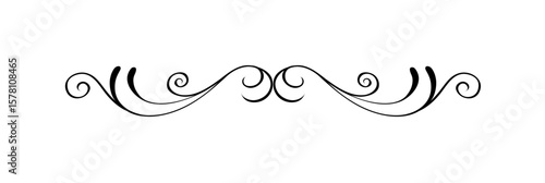Decorative flourish element featuring symmetrical swirls and elegant curves in black on a white background.