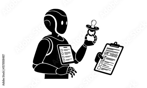 A robot holds a pacifier and reviews a checklist