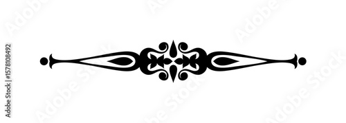 Ornate horizontal divider element with symmetrical floral and teardrop shapes in black.