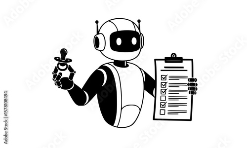 A robot holds a pacifier and examines a checklist
