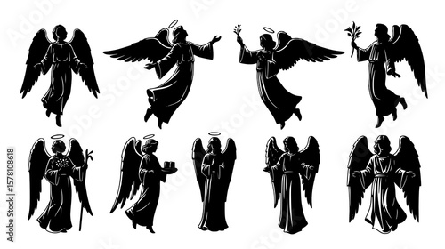 A collection of angelic figures with wings and halos, black and white