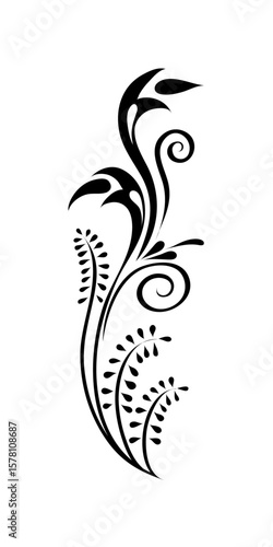 An elegant black floral design with swirls and leaves on a white background.