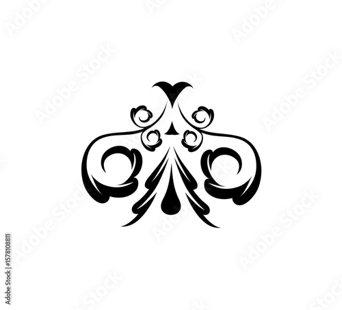 Black ornamental design with swirls, curves, and a triangular element, isolated on a white background.