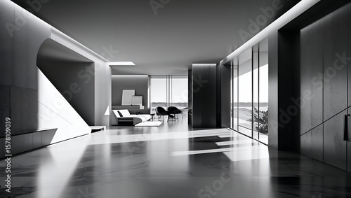 black and white interior of a spacious, modern minimalist luxury living room with contemporary furniture and sophisticated lighting, representing an elegant and expensive lifestyle