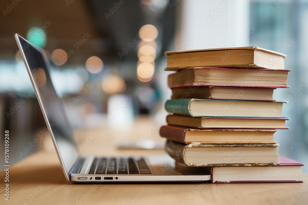 Stack of aged books rests near a modern laptop on a warm wooden table, representing old and new learning, concept for online course platforms, academic research methods and educational resources Stack of aged books rests near a modern laptop on a warm wooden table, representing old and new learning, concept for online course platforms, academic research methods and educational resources