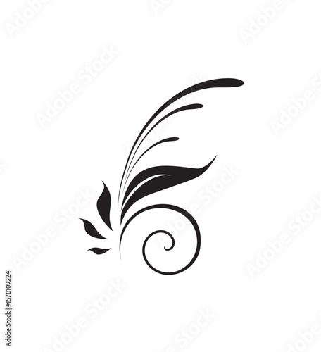 Elegant black floral design with swirling elements and delicate leaves, isolated.