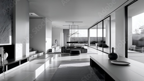 black and white interior of a spacious, modern minimalist luxury living room with contemporary furniture and sophisticated lighting, representing an elegant and expensive lifestyle