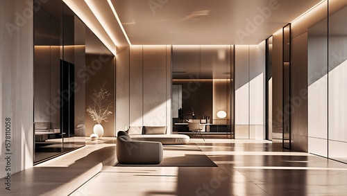 Sunlit interior of a modern minimalist luxury apartment with high ceilings, large pillars, and dramatic shadows, representing an elegant and expensive lifestyle