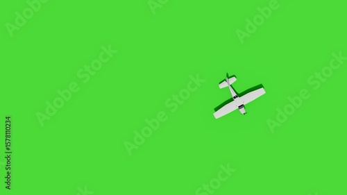 A white propeller plane in top-down view, flying on a green screen background.  ideal for compositing, usable for aviation projects, film, TV, and game applications.