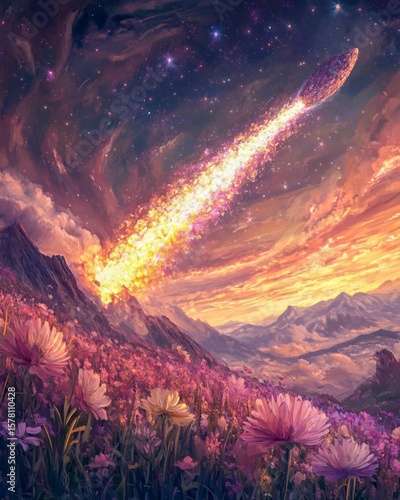 Comet trailing stardust that blooms into flowers upon impact