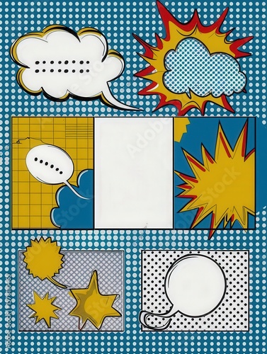 Comic book kit isolated on transparent background blank panels speech bubble stickers
