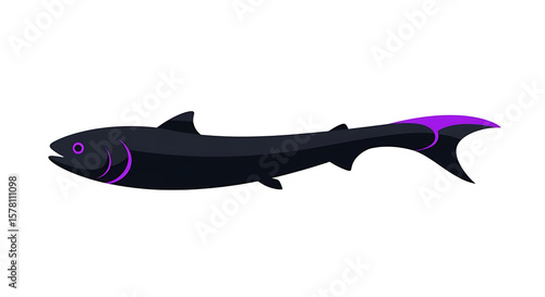 Stylized depiction of a sleek black fish with striking purple accents isolated