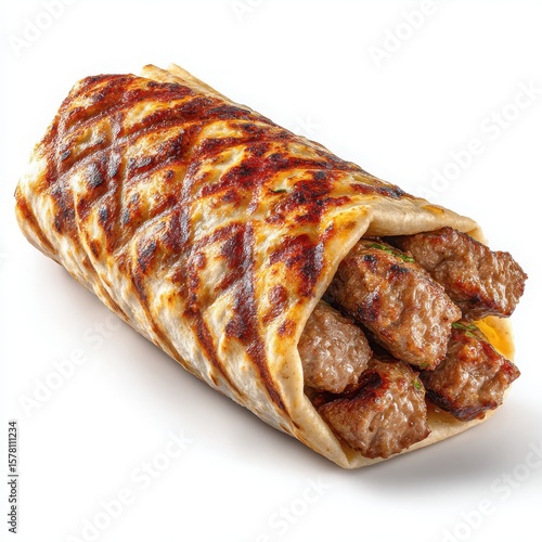Delicious Grilled Kofta Wrap with Flatbread, Middle Eastern Cuisine, Isolated on White Background, Perfect for Food Photography and Culinary Concepts
