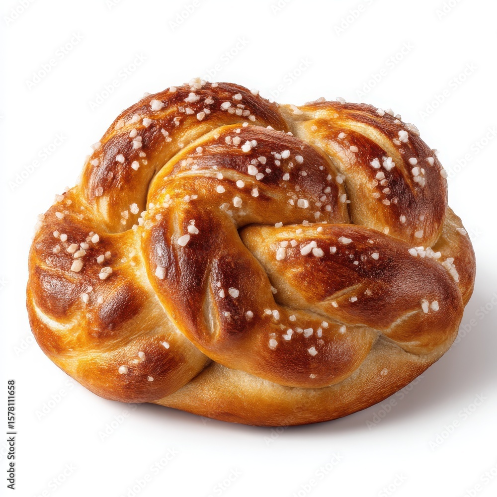 Freshly Baked Sweet Pretzel Bun with Coarse Sugar Crystals on White Background, Delicious Pastry, Close-up Freshly Baked Sweet Pretzel Bun with Coarse Sugar Crystals on White Background, Delicious Pastry, Close-up