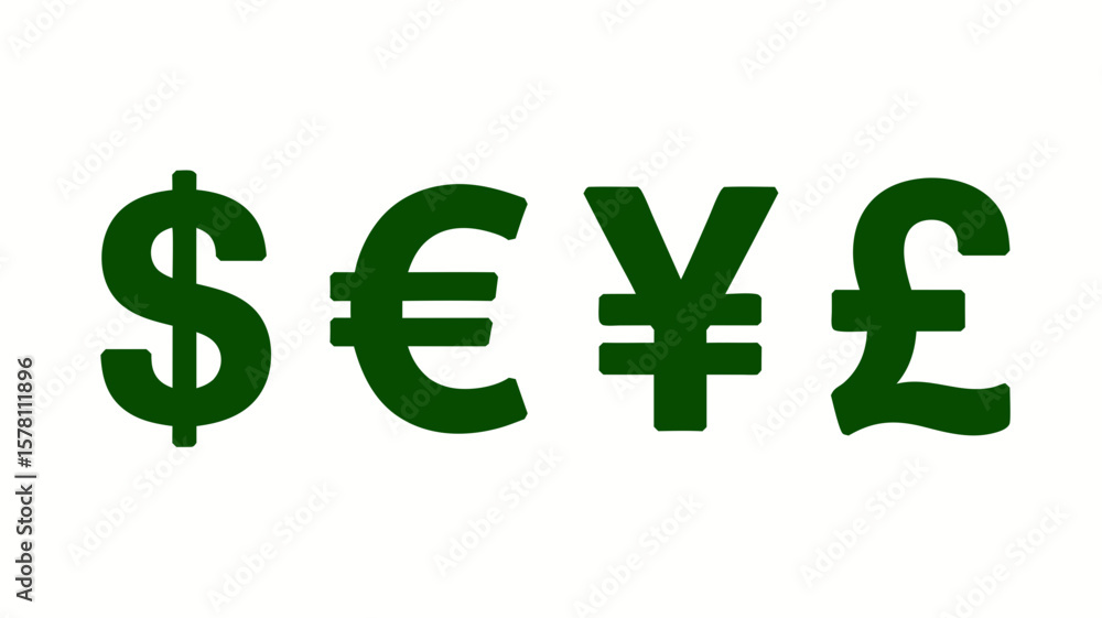 Obraz premium Green currency symbols showcasing dollar, euro, yen, and pound icons