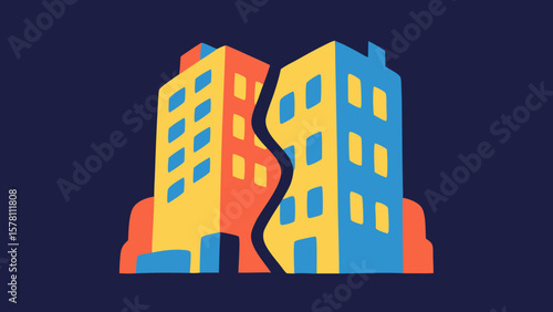 Colorful illustration of two separated buildings with a crack in between them