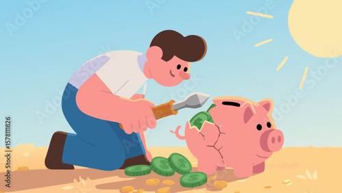 Cartoon man breaking piggy bank with chisel to withdraw savings illustration