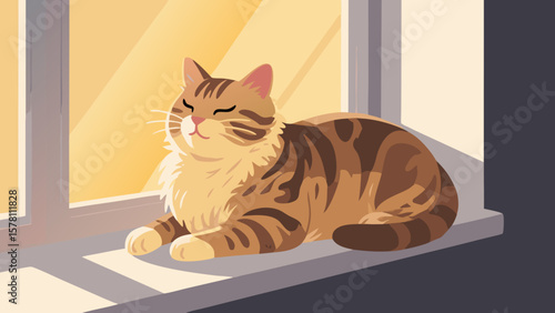 Cat enjoying sunlight in window illustration with brown tabby fur