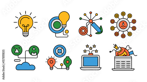 Creative process and innovative ideas depicted in vector icons set design