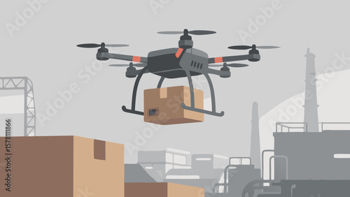 Drone delivery over industrial landscape with package and factory background