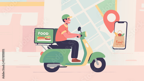 Food delivery service illustration with scooter and mobile tracking app