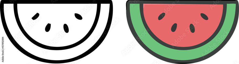 Obraz premium Simple Line Art and Colored Watermelon Slice Icons