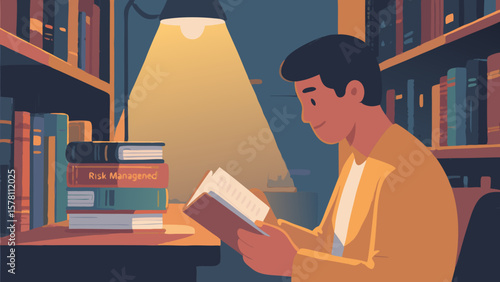 Man reading book at desk under lamp in cozy library illustration art