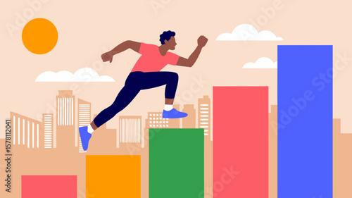 Man running up bar chart stairs toward success in cityscape vector art