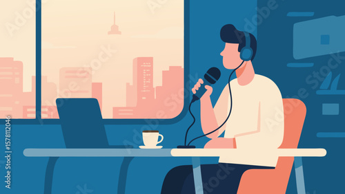 Man recording podcast with laptop and coffee in city building vector art