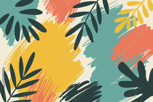 Vibrant abstract background features botanical elements and playful brush strokes in yellow, coral, and teal for a modern design.