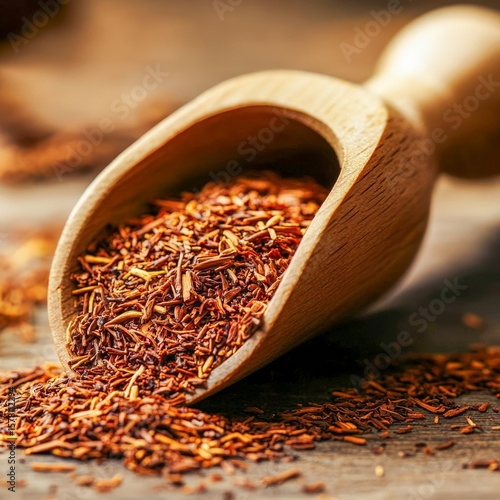 closeup of rooibos tea leaves in a wooden scoop redbrown texture macro South African tea ingredient photography rustic background