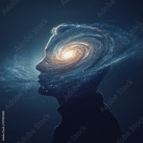 conceptual of a mind shaped like a galaxy spinning through cosmic thought