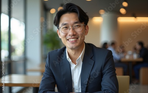 Business portrait of a charming,well dressed,millennial Asian businessman sitting while having a discussion in a cafeteria during the day. High quality