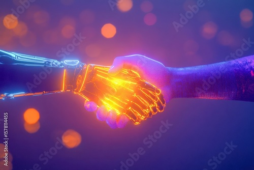 conceptual of human and AI hand shaking over glowing contract