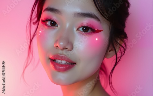 Wallpaper Mural Skincare, beauty and pink makeup, portrait of woman from Japan, neon eyeshadow on face. Health, luxury and edgy fashion, creative skin care product treatment and healthy cosmetic glow on asian girl. Torontodigital.ca