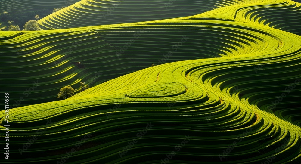 Fototapeta premium Lush green terraced rice fields curving across rolling hills under dramatic sunlight