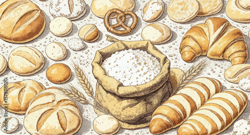 Assorted Baked Goods Including Bread, Croissants, and Pretzels on a Table