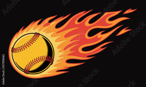 Baseball in Motion Surrounded by Flames Representing Speed and Energy