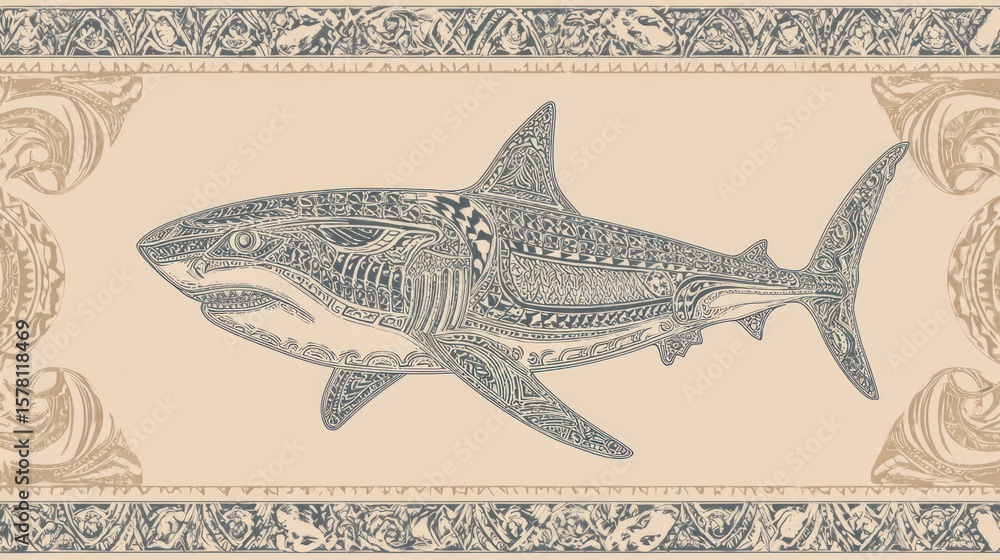 Obraz premium Ornate shark illustration in decorative frame