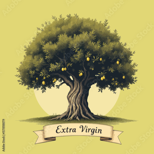 Pixel Art Olive Tree with Yellow Fruit and Vintage Banner