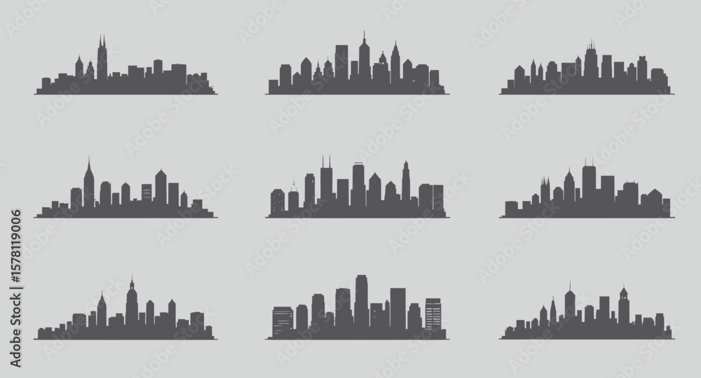 Obraz premium Silhouette skyline of diverse urban buildings with minimalistic design elements