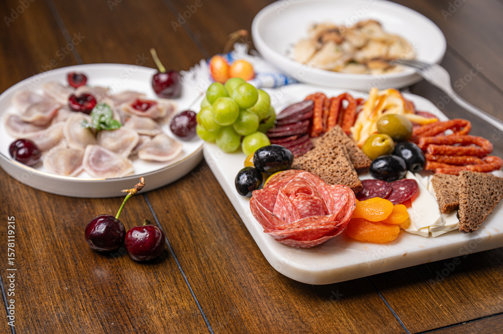 Traditional Eastern European food variety served on a rustic wooden table Traditional Eastern European food variety served on a rustic wooden table