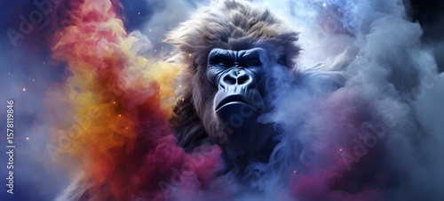a light white gorilla , coming out of the smok,ai generative