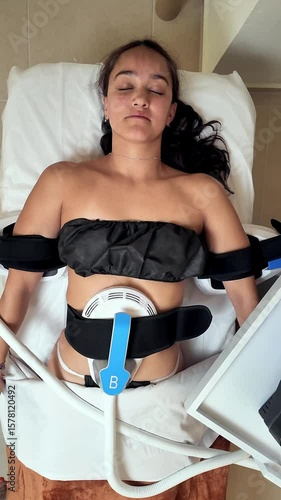 Patient receiving emsculpt neo treatment, a non-invasive body contouring procedure using radiofrequency and high-intensity focused electromagnetic energy
