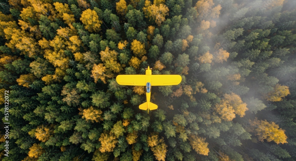 A small yellow airplane flies over a dense autumnal forest, its vibrant colors contrasting with the green and gold foliage below. A small yellow airplane flies over a dense autumnal forest, its vibrant colors contrasting with the green and gold foliage below.