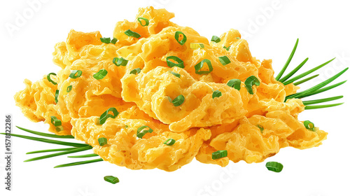 Fluffy scrambled eggs garnished with chives isolated on transparent background 